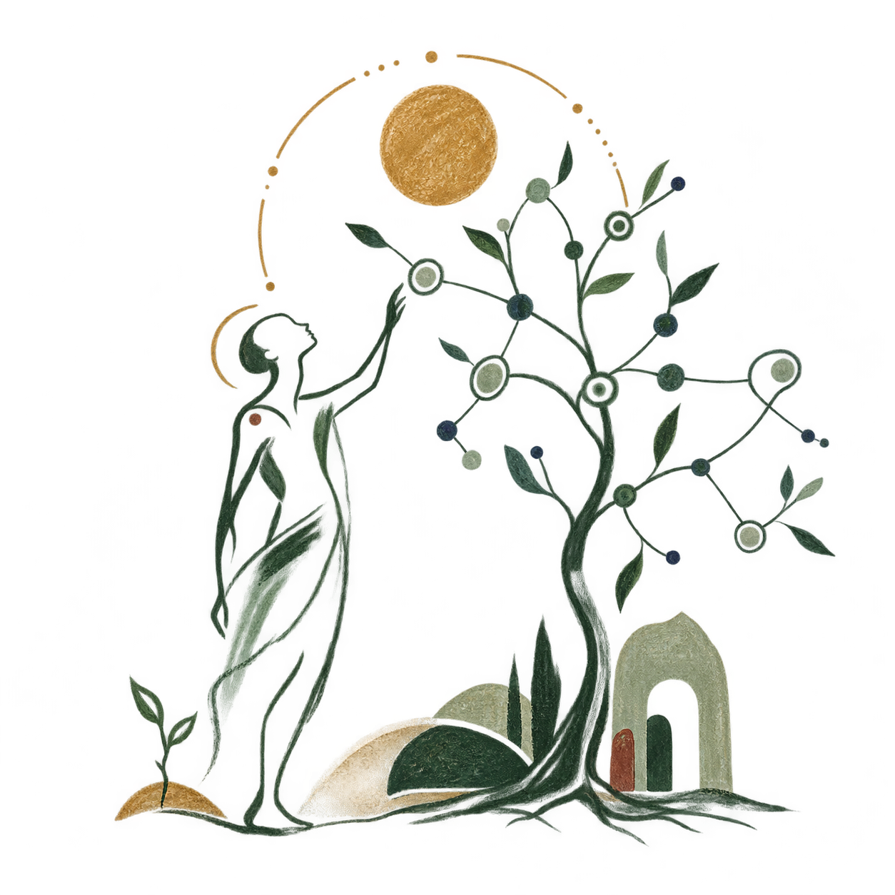 An ink-drawn figure tending a branching tree of ideas beneath an ochre sun.